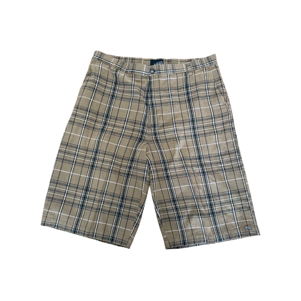 Vans Plaid Shorts Mens Size 34 Brown Tan Skate Y2K Chino Flat Front 12" Inseam